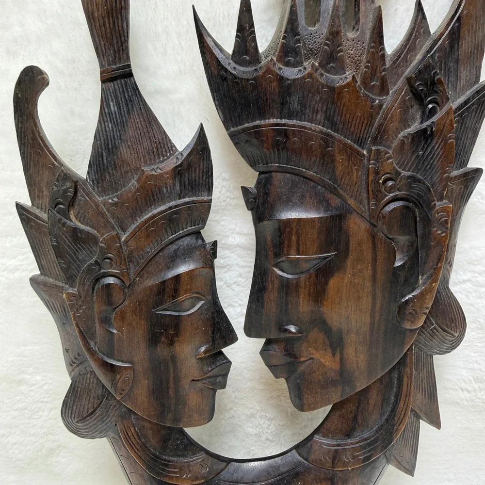 Vintage Hand Carved Wood Balinese Romantic Couple Wall Art Plaque‎ Sculpture 12